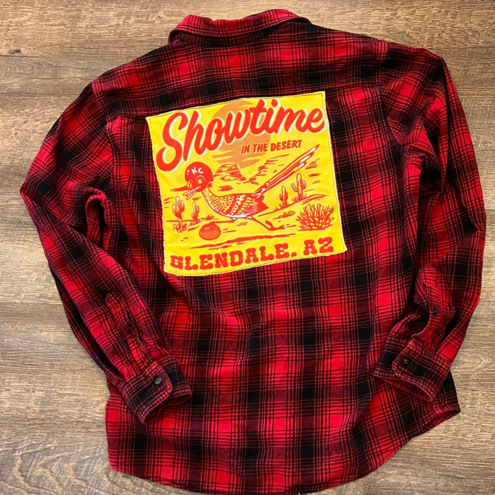 Upcycled Kansas City Chiefs Red Black Flannel Button Down Shirt Back Graphic